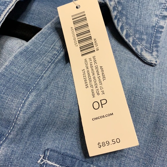 Chico’s Half Button Denim Blouse with Roll Sleeves - Picture 6 of 16